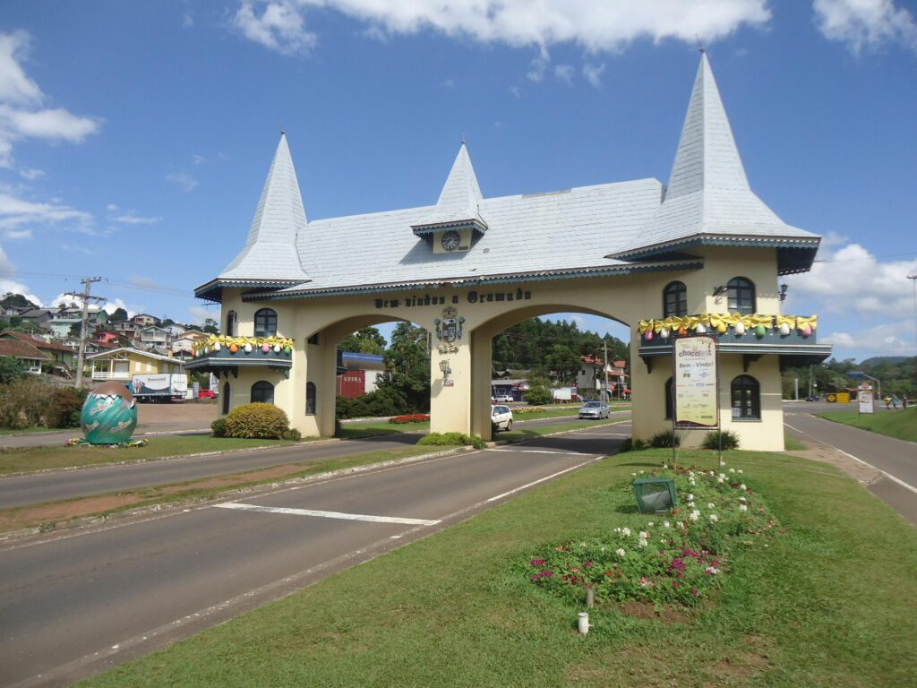 Picturesque entrance arch in Gramado, Brazil on a sunny day.