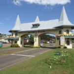 Picturesque entrance arch in Gramado, Brazil on a sunny day.