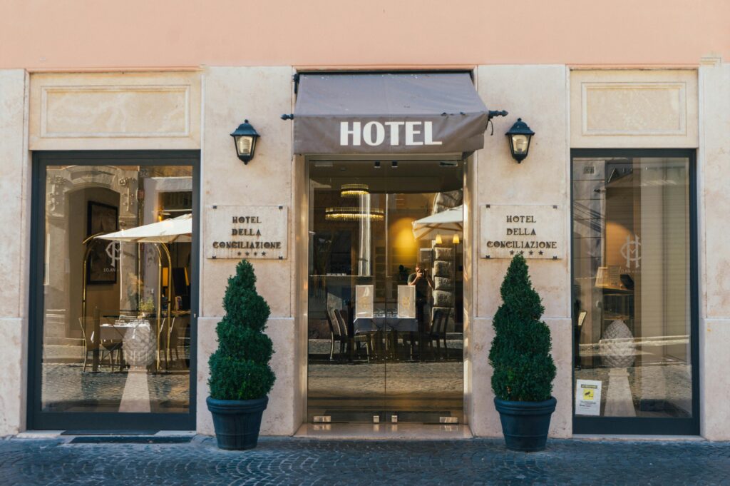 Explore the elegant entrance of Hotel Della Conciliazione, located in the heart of Rome, Italy.