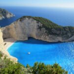 A breathtaking view of Navagio Beach with azure waters surrounded by cliffs in Greece.